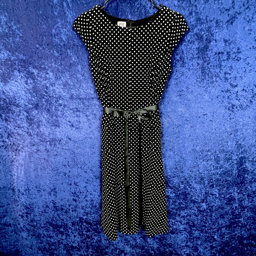 Anne Klein midi dress, black with white polkadots, size 4.